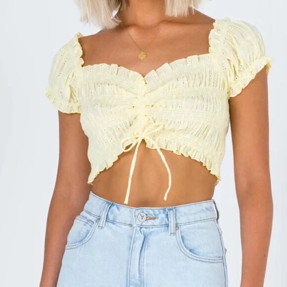 Princess Polly Elmera Top Lemon Yellow Embroidery Crop Top Size 2 - Picture 1 of 8